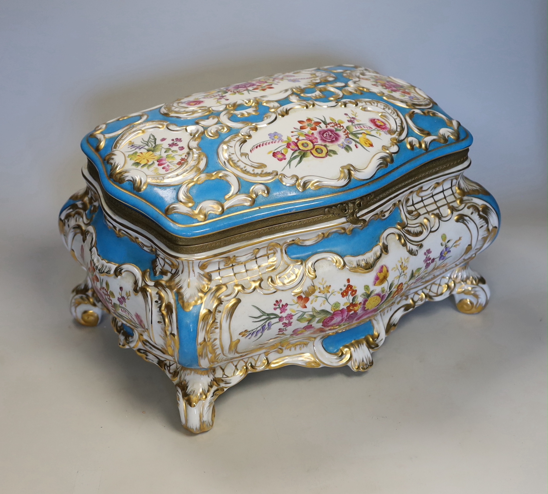 A pair of Vienna style gilt metal mounted vases and a large Sevres style porcelain casket and cover, vase height 39cm (3)